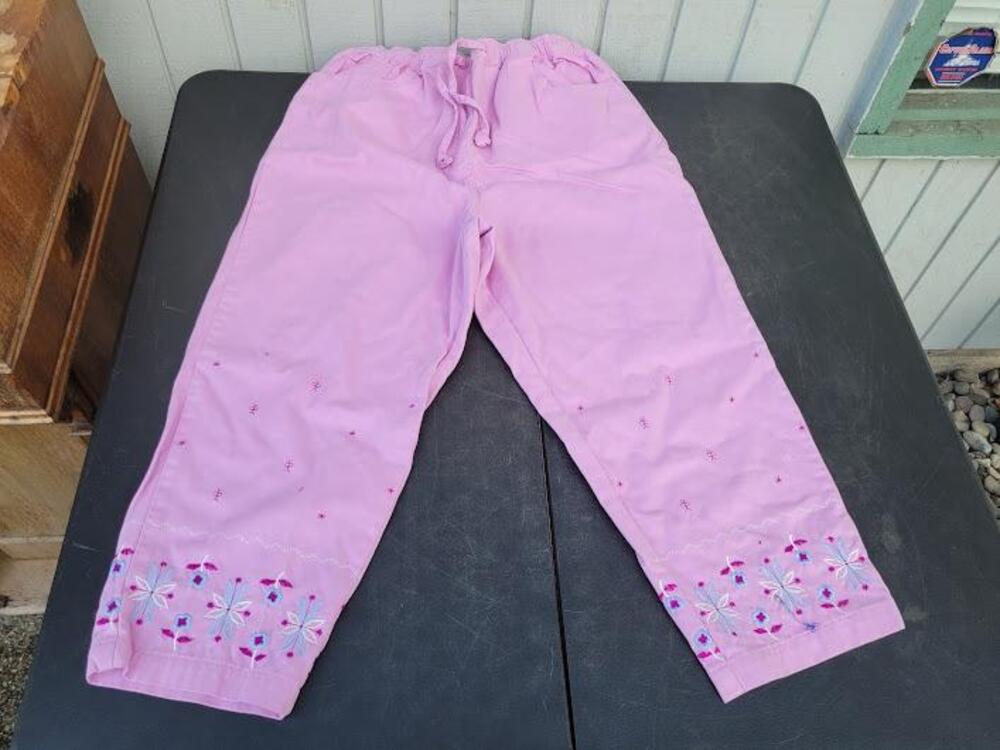 Denim & Co Pants Womens Medium Pink Embroidered Floral Drawstring 100% Cotton HK